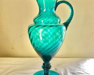$40.   Tall blue glass pitcher 10"L,  5" diam
