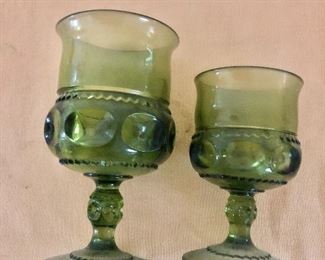 $20 2 Green thumb  glass goblets.  Big: 5"H; 3" dia; small: 4.5"H; 2.5" diam 
