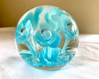 $20 Blue flowers signed art glass St. Clair paperweight 