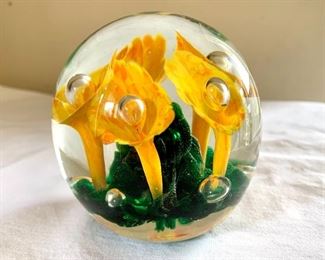 $20 Trumpet flowers signed St. Clair art glass paperweight 