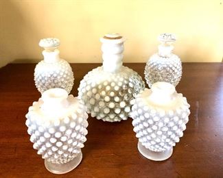 $28 LOT of clear and white hobnailed lidded jars,  with and without tops.  Sizes range from 2.5" to 4" diam, and 3.5" to  5" H. 