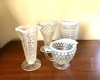 $25 Set hobnailed items.   Sizes range from 2.5" to 4" diam, and 3.5" to 5.5" H. 