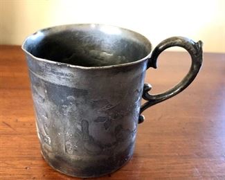 $22 Vintage metal cup with bird design.  2.5" diam, 3" H.  