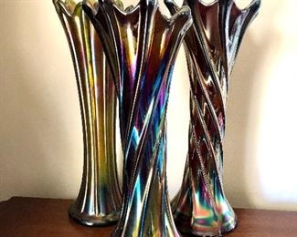 $35 each 3 Carnival glass swirly vases ripple tops.  Each 11"H; 4" diam 