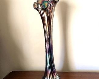 $50  Extra long carnival glass vase.  16"H; 5" diam 