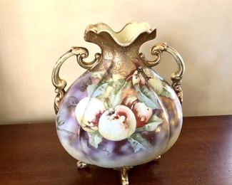 $32 Fruit painted vase with gold handles.  7"L; 8"H 