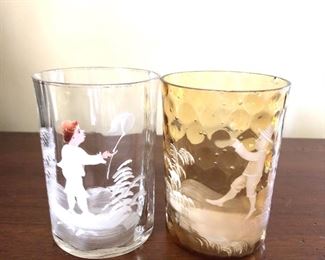 $50 Pair antique Mary Gregory hand-painted glasses.  4"H; 3" diam 