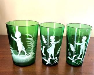 $75 Set of 3 Mary Gregory hand-painted glasses.  4"H; 3" diam (large) 