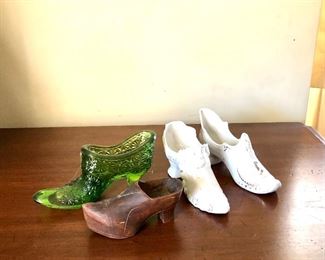 $30 LOT one glass, one wood, and pair of porcelain shoes.  ~4.5"L; 2.5"H  