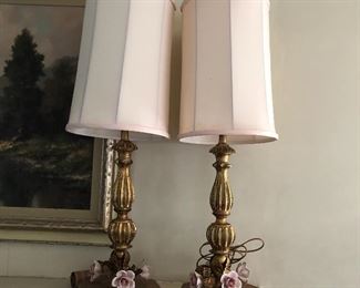 $120 - Pair gilt wood lamps with ceramic flowers  30" H; 10" diam