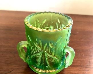 $20 Small glass cup swan handles, lilies.  2.5"H; 2" diam 