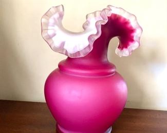 $40 Bright pink ruffle top vase 9" H and 8" diameter. 