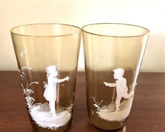 $50 Set of 2 Mary Gregory hand-painted glasses.  4"H; 2" diam 