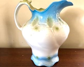 $25  Vintage Blue and white and green pitcher.  7"H; 7" diam 