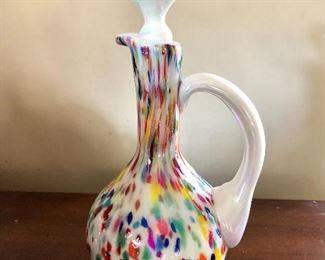 $30 Rainbow spray glass pitcher with top. 9"H; 4.5" diam 