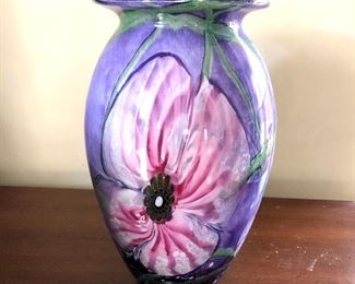 $125 Eickholt Floral art glass vase.  9"H; 6" diam