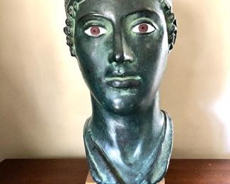 $55  Vintage antique style Greek Bust Cast Terracotta Verdigris and Oak Mount 