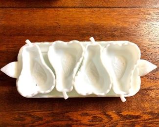 $22 White milk glass dish with 4 pear dishes 