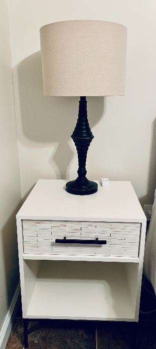 $175 EACH; West Elm white nightstand (two available) on metal frame, with one drawer and shelf. 26 1/2" H x 18" D x 20" W 