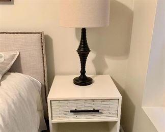 $175 EACH; West Elm white nightstand (two available) on metal frame, with one drawer and shelf. 26 1/2" H x 18" D x 20" W