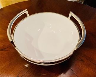 $40; Large heavy porcelain serving bowl with metal handles; 6" H x 13" diameter (14" including handles)