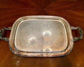 $40; Silver plate serving tray with handles; 24" L x 14" W