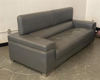 Modern Gray Leather & Chrome Sofa