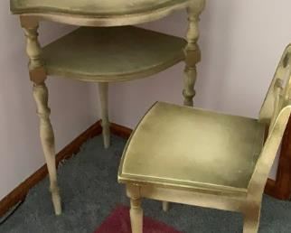 $60 Small Corner Writing Desk with Chair, solid wood with shabby chic finish.  Measures 20.5w 18d 29h.