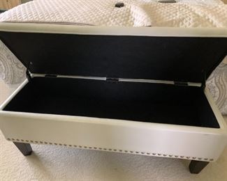 $100 Light colored storage bench with nailhead trim and tufted cover.  Measures 45w 16d 17.5h