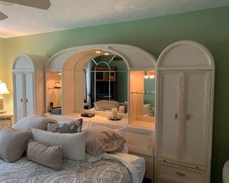 $300  Full king size headboard wall unit. Headboard 81w 16d 76h 2 storage cubbies and glass shelves.   
Bed sold separately, Serta Perfect Motion II Adjustable Bed.