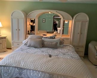 $$300  Full king size headboard wall unit. Headboard 81w 16d 76h 2 storage cubbies and glass shelves.   
Bed sold separately, Serta Perfect Motion II Adjustable Bed.