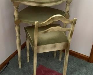 $60 Small Corner Writing Desk with Chair, solid wood with shabby chic finish.  Measures 20.5w 18d 29h.