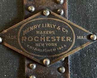 $200 Antique Steamer Trunk Made in Rochester NY by Henry A Likly Company, circa early 1900s.  Measures 38L 22.5W 26H .  One leather handle is missing, otherwise great condition.  
