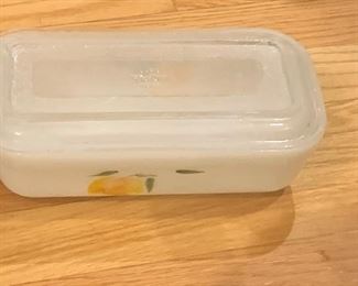 $25 Antique Fire King "Gay Fad" covered glass refrigerator dish.