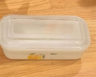 $25 Antique Fire King "Gay Fad" covered glass refrigerator dish.