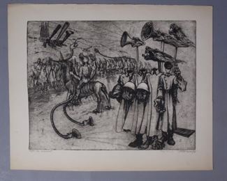 Etching Illegible signed War scene with Fantastic Animals