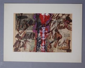 no signature Mixed Media painting on newspaper, mounted on linen