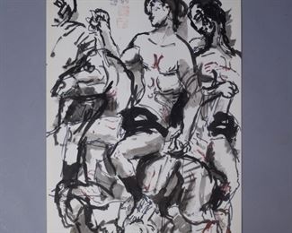 Sokol Sambo signed marker on paper two men on horse 1975 w/2 seals