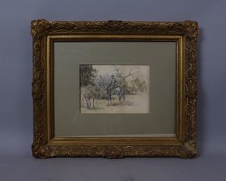 Watercolor Graphite French Soldier in Landscape Scene 