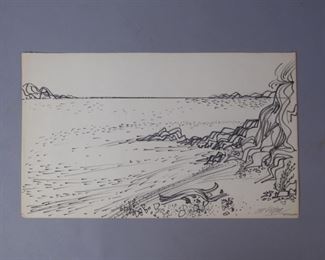 Jiri Hejna signed ink drawing beach scene 1965 Scene at St Tropez
