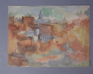 Unsigned watercolor on paper city landscape