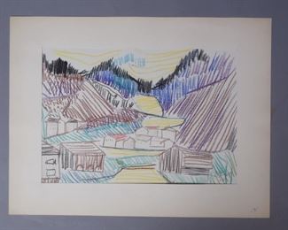 "B" initialled crayon landscape 1964 