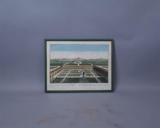 unsigned colored etching "View of the royal palace and gardens of Buen Retiro in Spain"