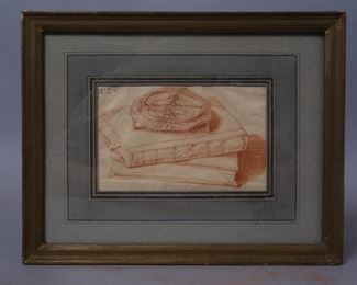 unsigned Pencil sketch still life of books and compass "A 33" 