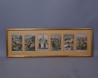 unsigned Set 6 colored engravings renaissance military scenes