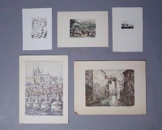 Group 5 Prints incl European Canal Scene, Cities, Chess