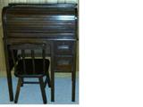 Antique wood roll top child's desk and chair