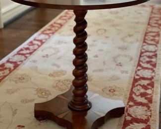 Yorkshire House barley twist side table with burl wood inlay. Measures 28"D x 28.5"H. Photo 1 of 3.