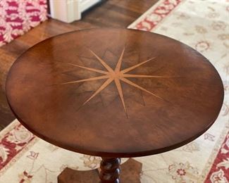 Yorkshire House barley twist side table with burl wood inlay. Measures 28"D x 28.5"H. Photo 2 of 3.