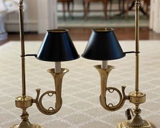 Pair of brass single arm French horn table/mantle lamps.